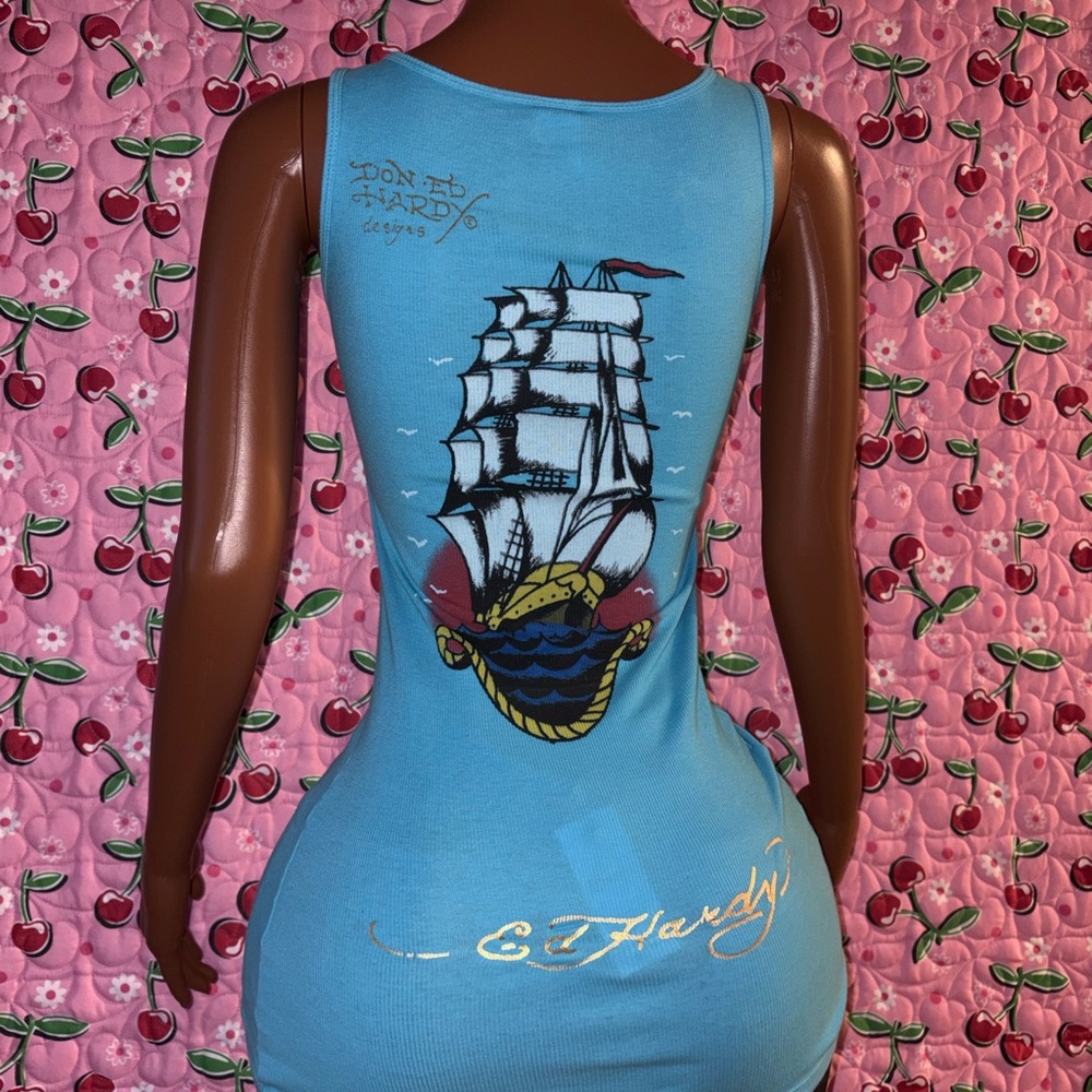 Y2K vintage Ed Hardy Aqua Tattoo Graphic Tank Top - Picture 3 of 4